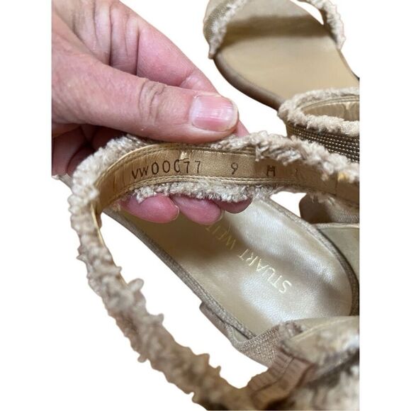 Stuart Weitzman Gold Beaded Beige Tweed Nudistchains Sandals Ankle/Toe Strap 9 M - Picture 6 of 11